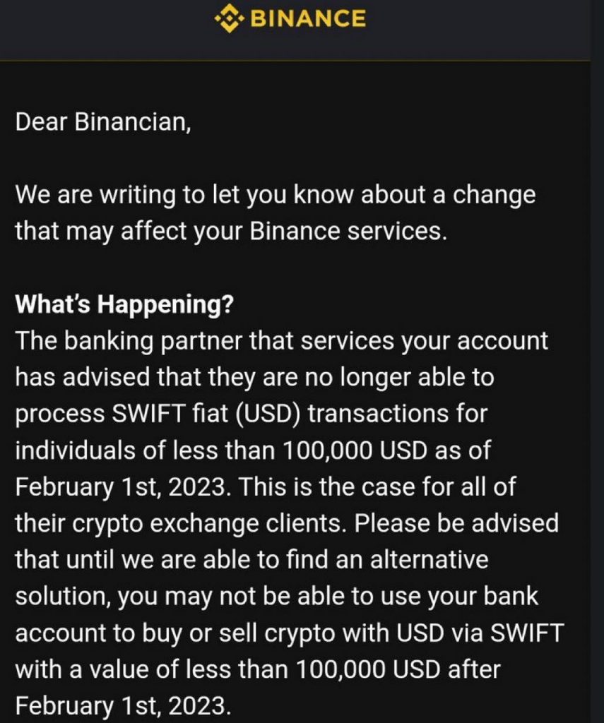 Na imagem está o comunicado da Binance acerca da saída da SWIFT para seus clientes.