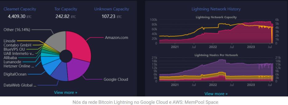 Entenda como os 48% de todos os nós da rede Bitcoin Lightning são executados na Amazon e no Google Cloud, segundo dados do MemPool Space.