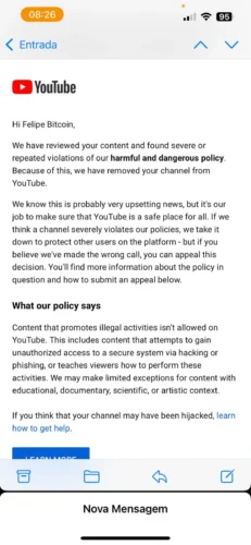 O YouTube e Google estão perseguindo canais de criptomoedas? O caso do DEGENERADOS CLUB deletado sem aviso mostra o cenário de censura. Descubra mais.