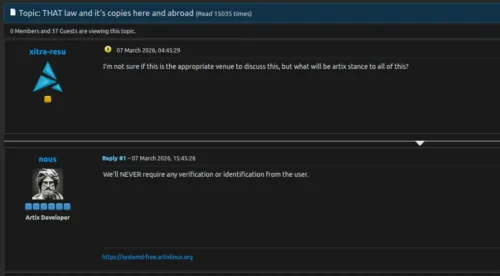 Discussão sobre verificação de idade | Fonte: Fórum Artix Linux. “Nós nunca vamos exigir nenhuma verificação ou identificação do usuário,” disse o desenvolvedor ‘nous’ no fórum oficial do projeto.