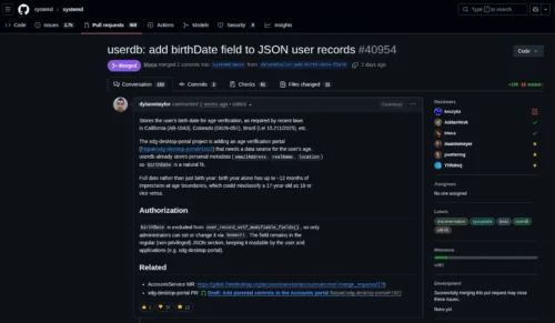 Commit: “userdb: adicionar campo de birthDate ao JSON de registros do usuário” por dylanmtaylor no repo da systemd no github
