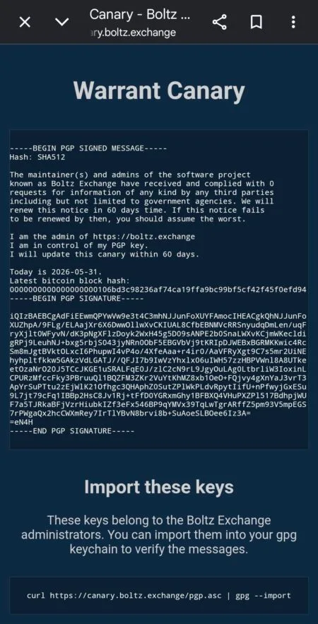 Warrant Canary Boltz: a vigilância estatal captura a privacidade cripto